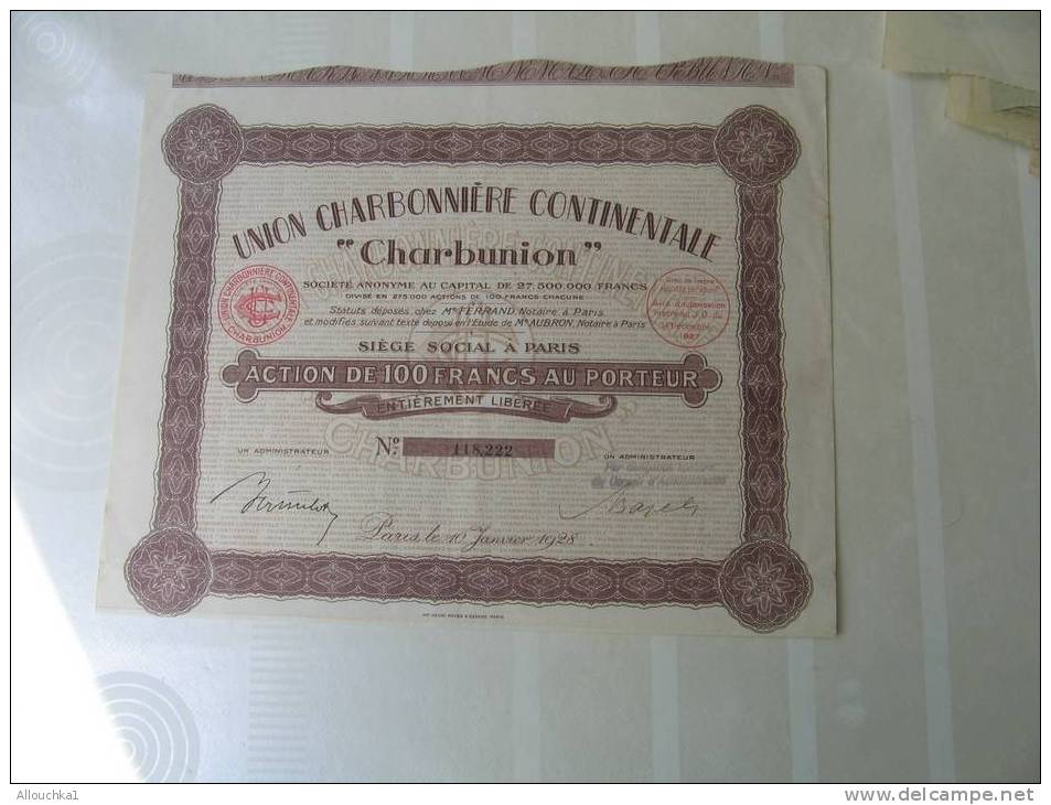 1927 ACTION & TITRE"SCRIPOHILIE"UNION CHARBONNIERE CONTINENTALE CHARBUNION" THEME DE LA MINE " SIEGE A PARIS - Mines