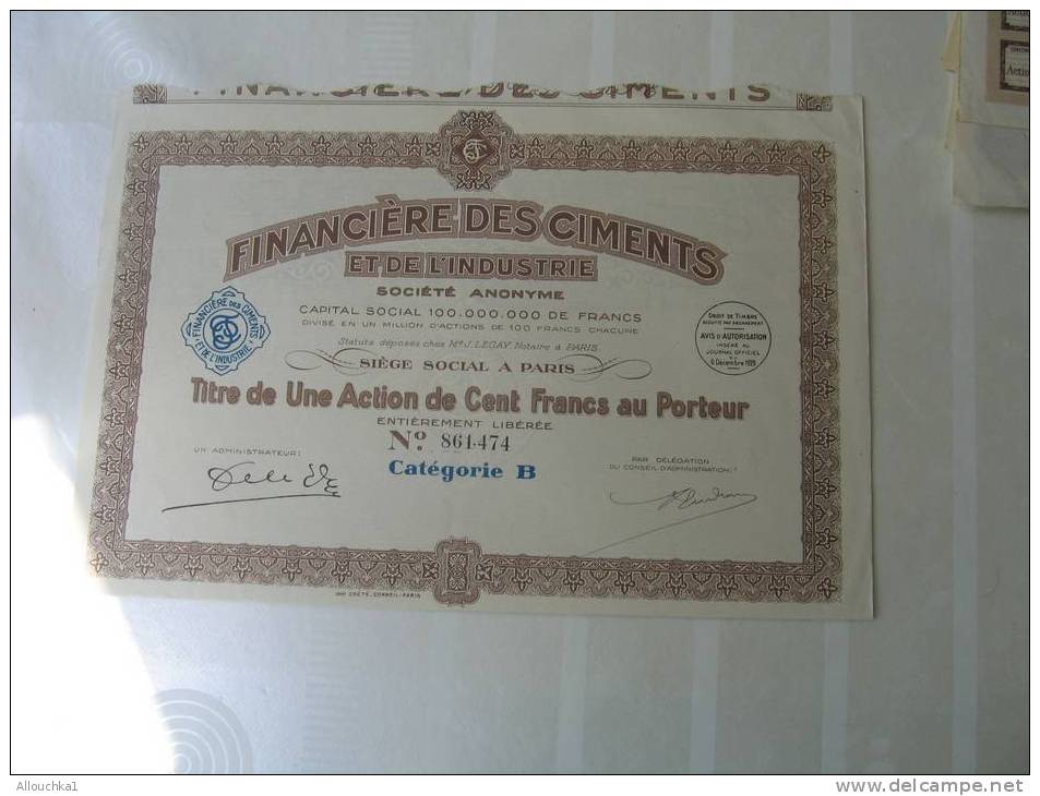 1929 ACTION & TITRE"SCRIPOHILIE"FINANCIERE DES CIMENTS & DE L' INDUSTRIE " THEME DE LA MINE " SIEGE A PARIS - Mijnen