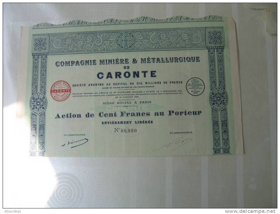 1925 ACTION & TITRE"SCRIPOHILIE"COMPAGNIE MINIERE & METALLURGIQUE DE CARONTE S.A. " THEME DE LA MINE " SIEGE A PARIS - Mijnen