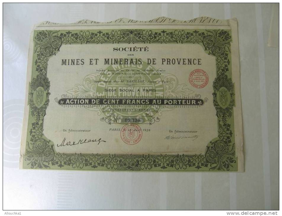 1928 ACTION & TITRE"SCRIPOHILIE" MINES & MINERAIS DE PROVENCE  " THEME DE LA MINE "SIEGE SOCIAL PARIS - Mines