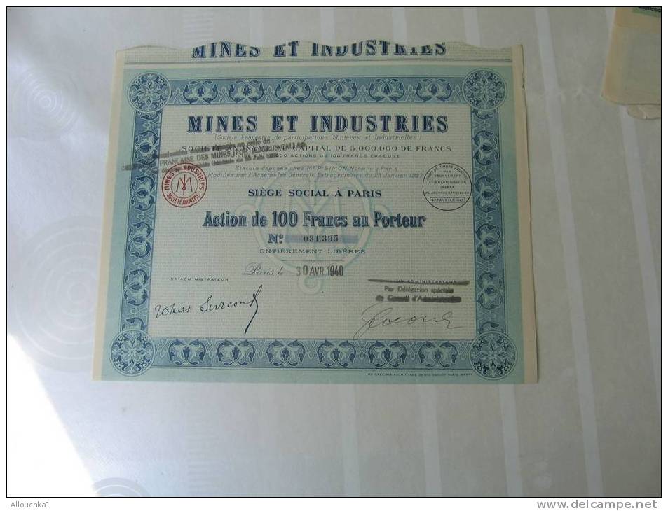 1940 ACTION & TITRE"SCRIPOHILIE"STE MINES & INDUSTRIES "THEME DE LA MINE"SIEGE à PARIS - Mines