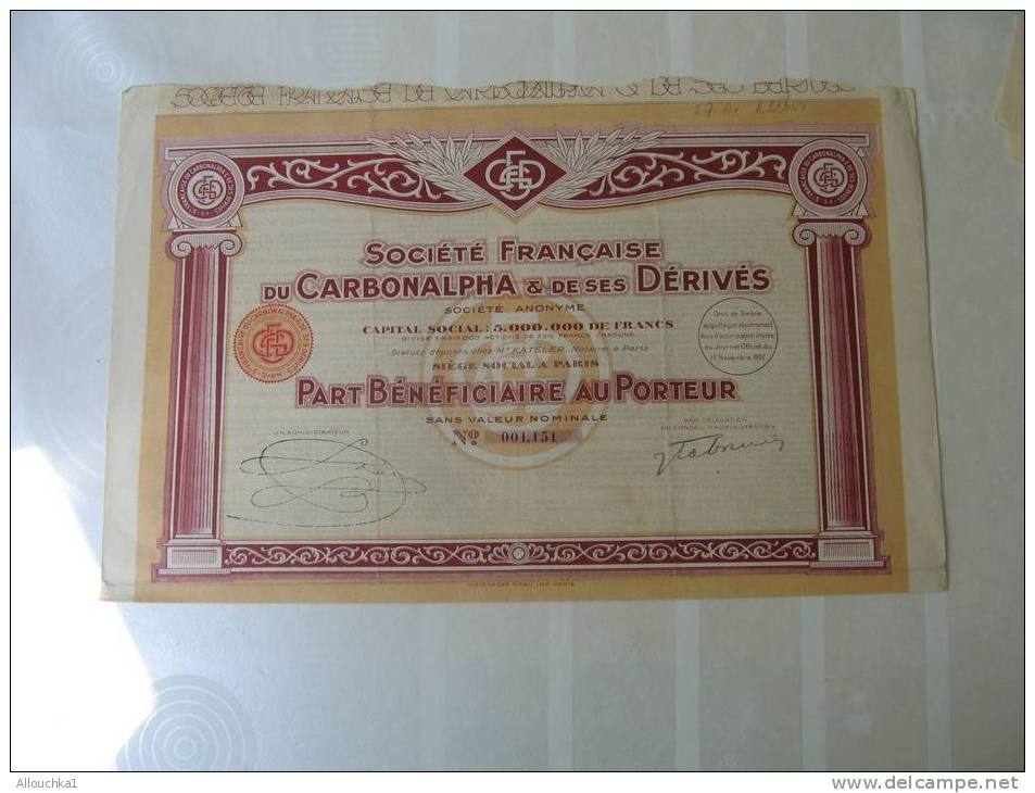 1932 ACTION & TITRE"SCRIPOHILIE"STE FRANCAISE DU CARBONALPHA & SES DERIVES  "THEME DE LA MINE"SIEGE S. à PARIS - Mines