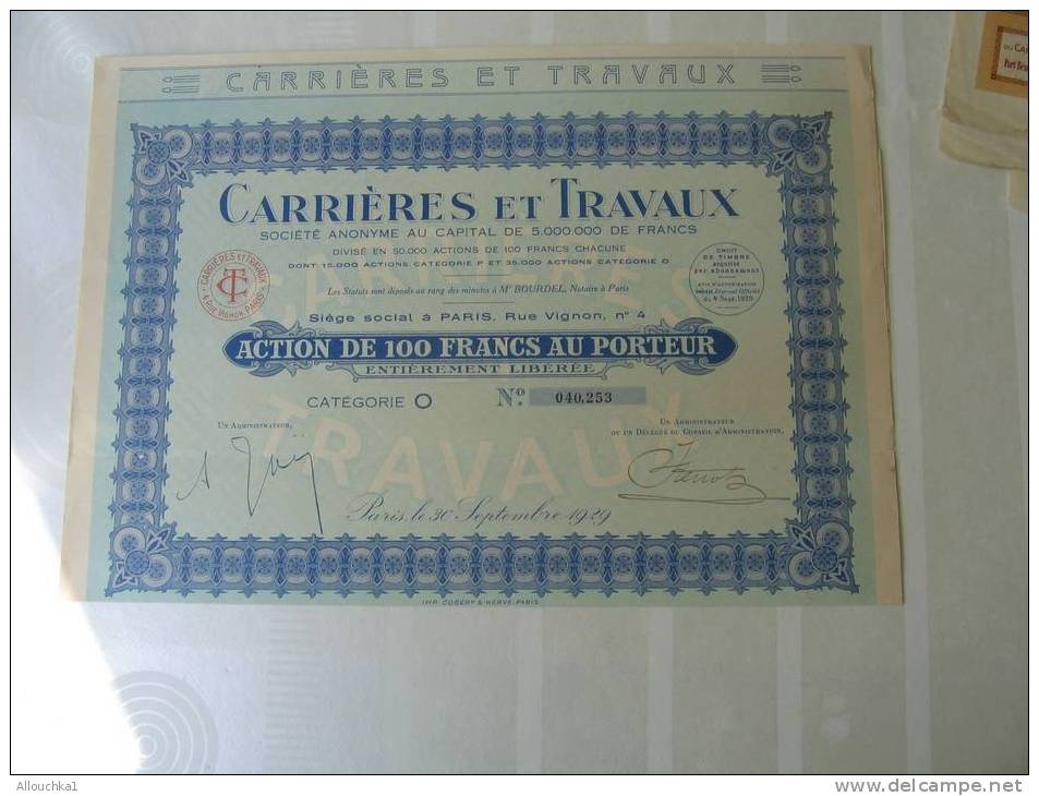 1929 ACTION & TITRE"SCRIPOHILIE"STE A. CARRIERES & TRAVAUX   "THEME DE LA MINE"SIEGE S. à PARIS - Miniere