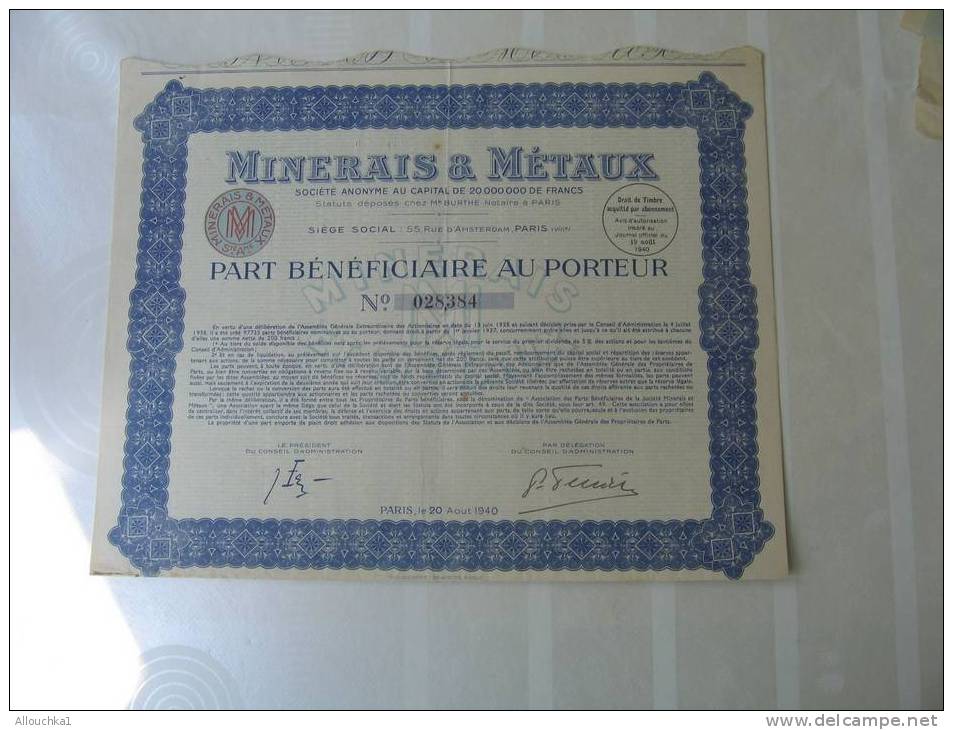 1940 ACTION & TITRE"SCRIPOHILIE" S.A. MINERAIS & METAUX  "THEME DE LA MINE"SIEGE S. à PARIS - Mijnen