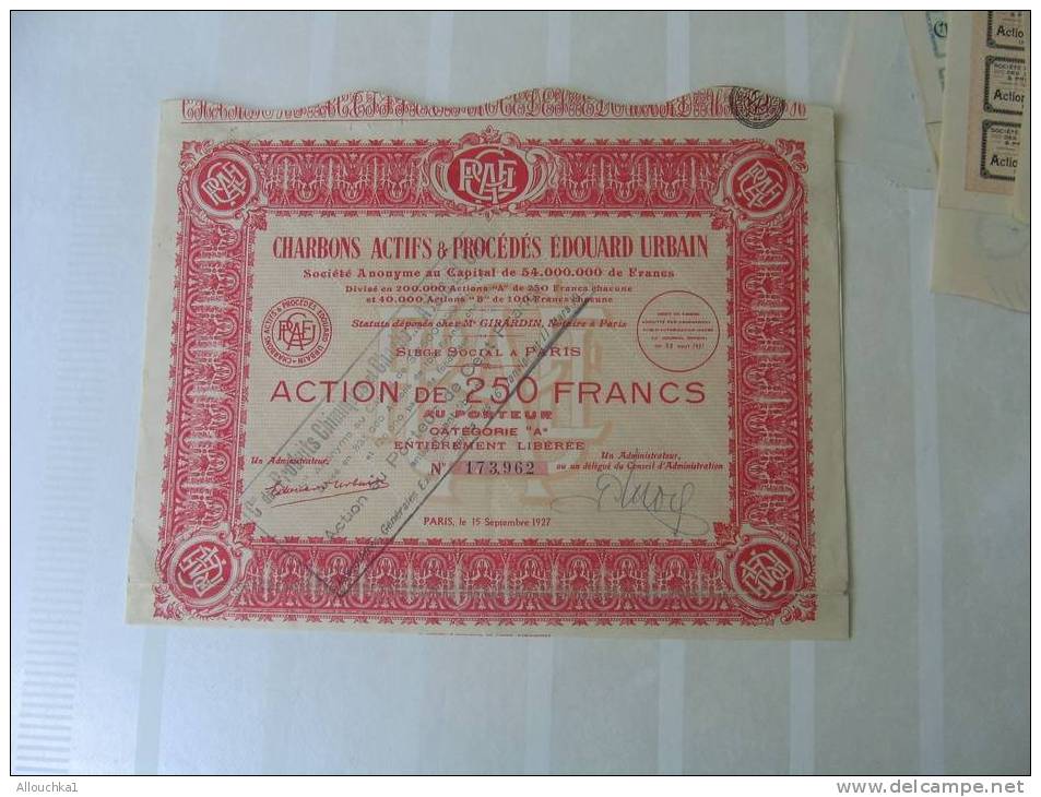 1927 ACTION & TITRE"SCRIPOHILIE" S.A. CHARBONS ACTIFS & PROCEDES EDOUARD URBAIN"THEME DE LA MINE"SIEGE S. à PARIS - Mijnen