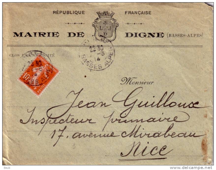 Enveloppe à En-tête Mairie De Digne (04) Du 27/05/1914 (avec Lettre également à En-tête). - Sobres