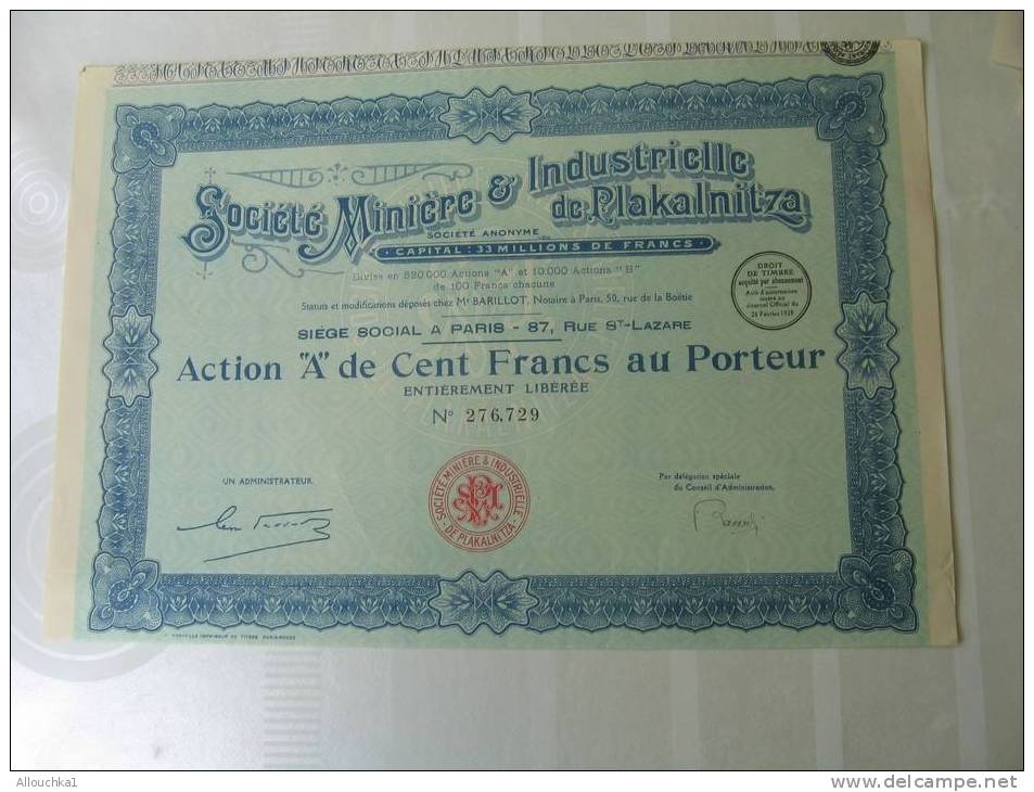 1928 TITRE & ACTION"SCRIPOPHILIE" SOCIETE MINIERE & INDUSTRIELLE DE PLAKALNITZA"THEME DE LA MINE"SIEGE:PARIS - Mines