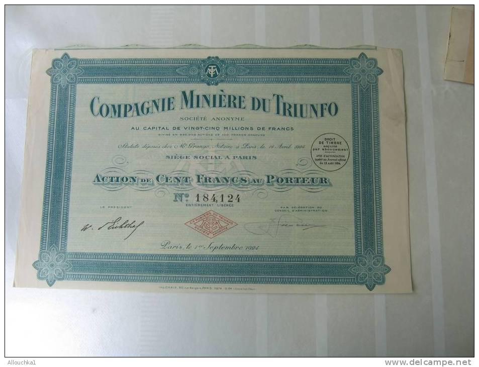 1924  TITRE & ACTION"SCRIPOPHILIE"COMPAGNIE MINIERE DU TRIUNFO S.A.  "THEME  DE LA MINE " SIEGE:PARIS - Mines