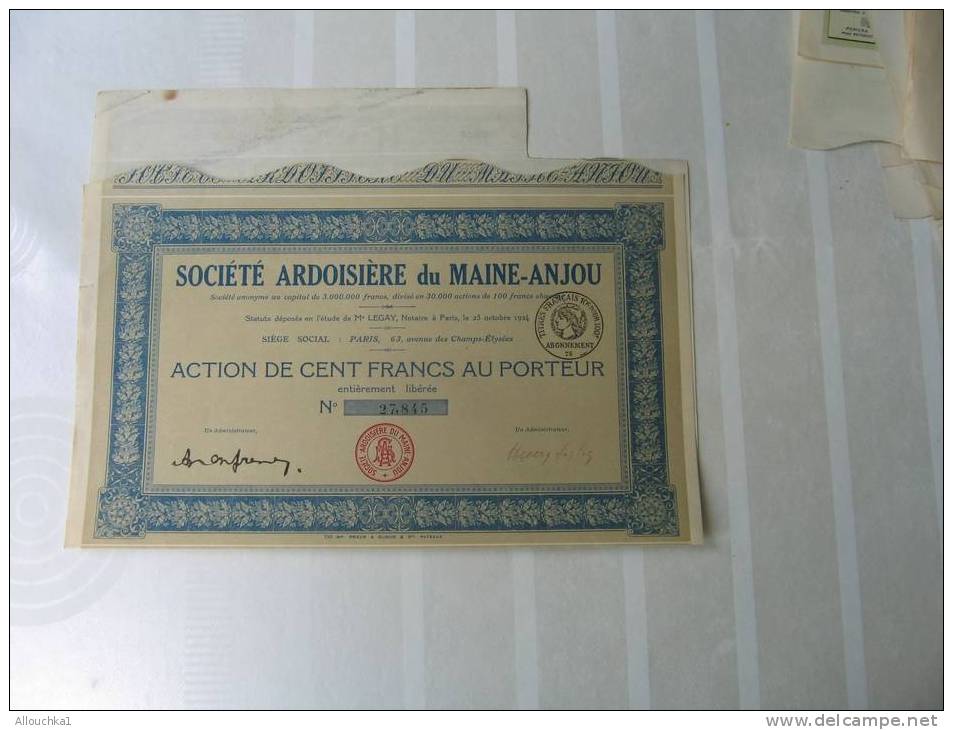 1924 TITRE & ACTION"SCRIPOPHILIE"STE ARDOISIERE DU MAINE-ANJOU "THEME DE LA MINE ARDOISE"PARIS AV CHAMPS-ELYSEES - Mines