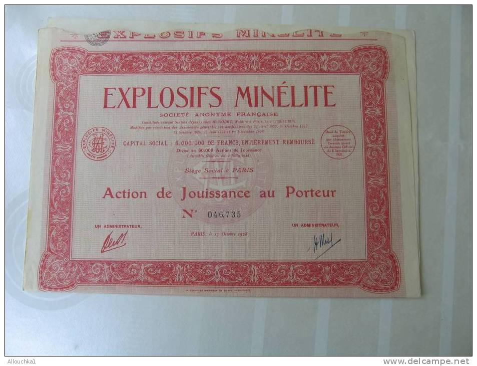 1928 TITRE & ACTION "SCRIPOPHILIE"EXPLOSIFS MINELITE S.A.  "THEME DE LA MINE "SIEGE PARIS - Mijnen