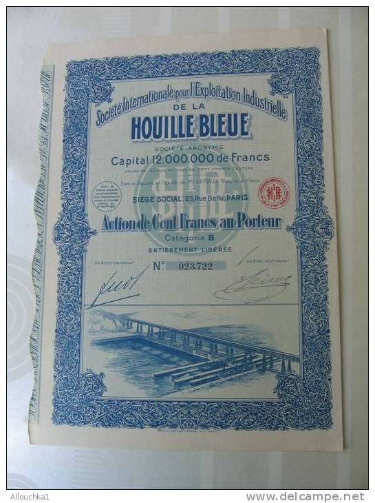 1927 TITRE & ACTION "SCRIPOPHILIE"STE INTERNATIONALE EXPLOITATION INDUSTRIELLE DE LA HOUILLE BLEUE   "THEME DE LA MINE " - Mijnen