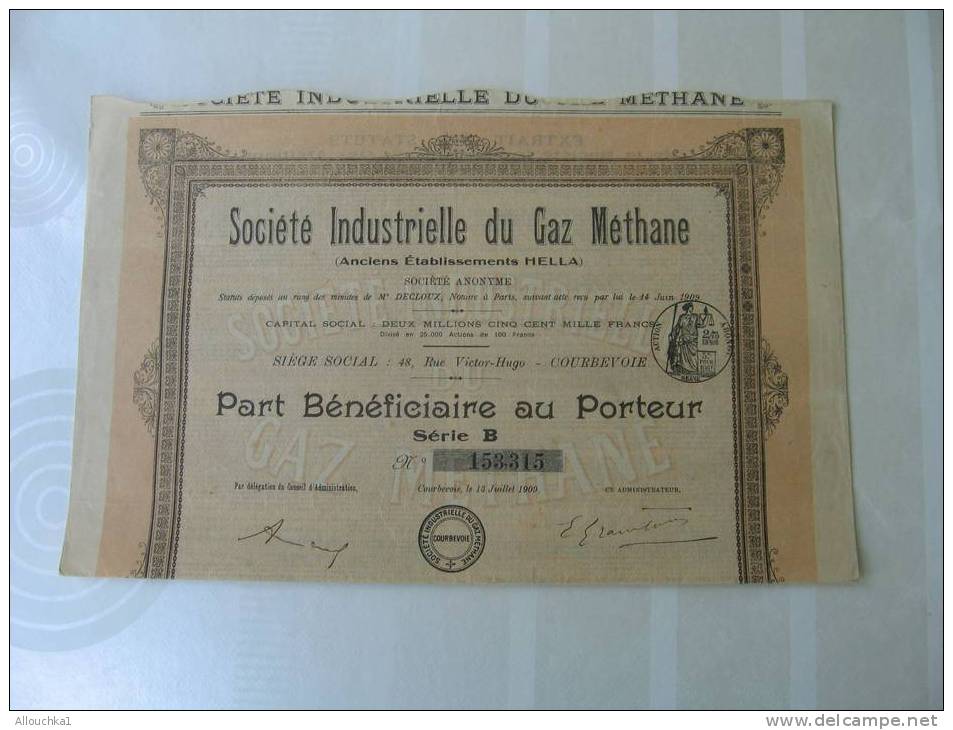 1909 TITRE & ACTION "SCRIPOPHILIE"STE INDUSTRIELLE DU GAZ METHANE  ETAB/ HELLA   "THEME DE LA MINE " COURBEVOIE 92 - Mijnen