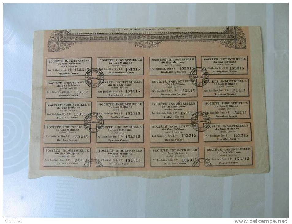 1909 TITRE & ACTION "SCRIPOPHILIE"STE INDUSTRIELLE DU GAZ METHANE  ETAB/ HELLA   "THEME DE LA MINE " COURBEVOIE 92 - Mijnen