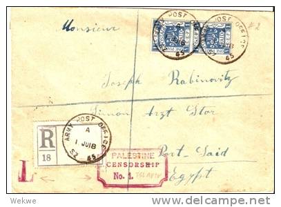 JUD004 /   PALÄSTINA - Judaika, Brit.Army P.O.Tel Aviv 1.6.18 Auf Pal.Nr.2 (Paar) , Einschreiben, Zensiert - Palästina