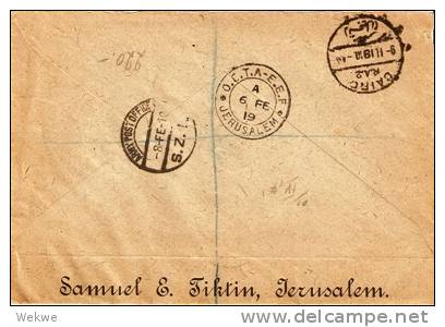 JUD006 / PALÄSTINA -  Judaika Brief,  EEF-P.O.Jerusalem 6.2.19  5er Streifen + Einzelmarke,Einschreiben - Palästina