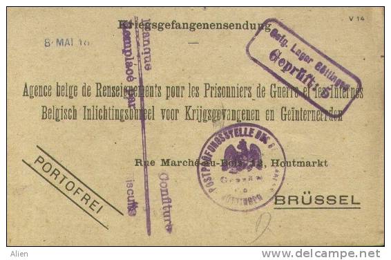 Krijgsgevangenenkaart Göttingen Naar Brussel 1918 Met Violette Censuur In Twee Vormen. - Kriegsgefangenschaft