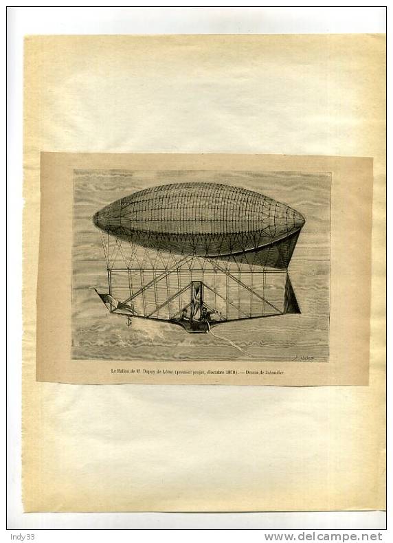 - LE BALLON DE M. DUPUY DE LÔME .  GRAVURE SUR BOIS DU XIXe S.  DECOUPEE ET COLLEE SUR PAPIER - Otros & Sin Clasificación