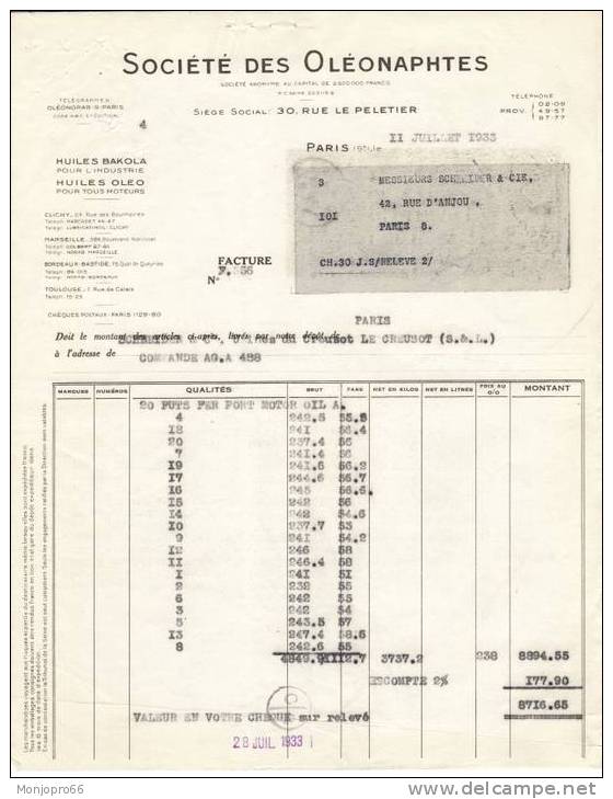 Facture De La Société Des OLÉONAPHTES De Paris Et De 1933 - Auto's