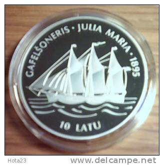 LATVIA SILVER 10 LATS  Coin  -- Gaff-Sail Schooner Julia Maria UNC - PROOF - Letland