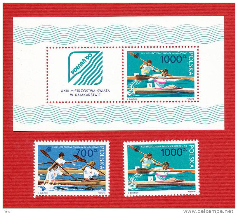 POLONIA  1990  CAMPIONATI DEL MONDO DI CANOA - KAYAK, A POZNAN. BF YT 121 + 2  VALORI: FULL SERIE MNH** - Canoë