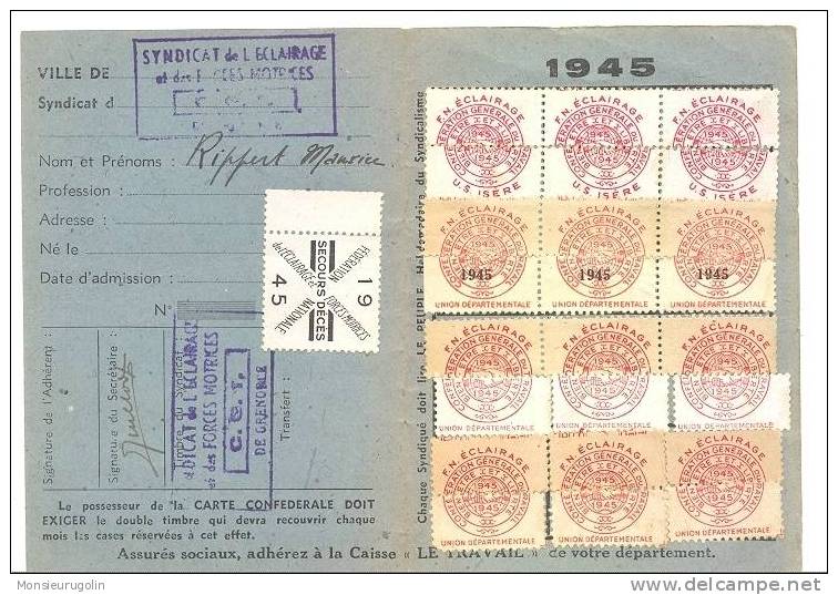 FEDERATION NATIONALE DE L ECLAIRAGE ET DES FORCES MOTRICES ) CARTE CONFEDERALE 1945  / C.G.T. - Labor Unions