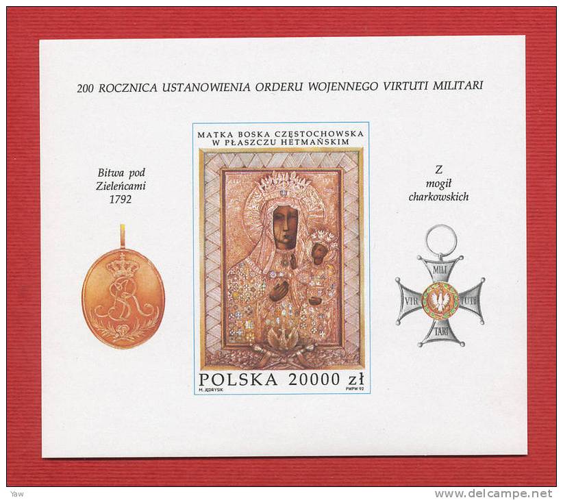 POLONIA  1992  BICENTENARIO DELLA CREAZIONE DELL´ORDINE "VIRTUTI MILITARI". VERGINE DI CZESTOCHOWSKA.BF YT 127 MNH** N.D - Ongebruikt