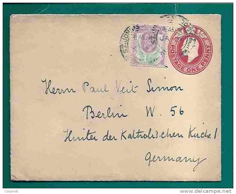 UK - 1910 VF UPRATED ENTIRE EDWARD VII COVER St. JOHN´S To GERMANY - Interi Postali