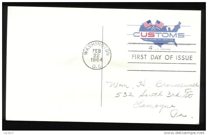 FDC U.S. Customs Postal Card - Feb 22, 1964 - 1961-1970