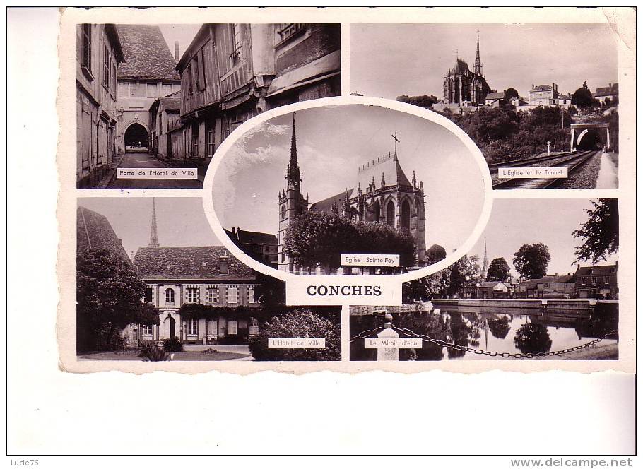 CONCHES -  5 Vues : Porte  L´Hôtel De Ville -  L´Eglise & Le Tunnel -  Hôtel De Ville -  Eglise Ste Foy -  Miroir D´eau - Conches-en-Ouche