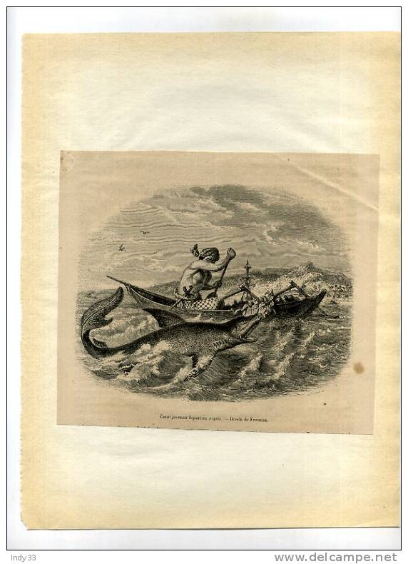 - CANOT JAVANAIS FUYANT UN REQUIN . GRAVURE SUR BOIS  DU XIXe S. DECOUPEE ET COLLEE SUR PAPIER - Sonstige & Ohne Zuordnung