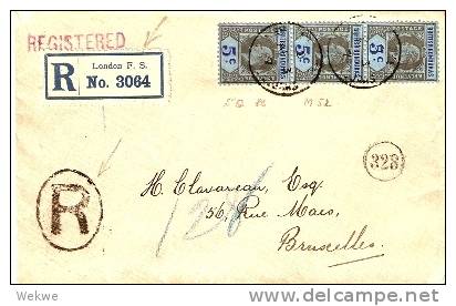 BRH006 / BRIT. HONDURAS - Einschreiben Nach Belgien 1907,Londoner R-Zettel (Brief, Cover, Letter, Lettre) - British Honduras (...-1970)