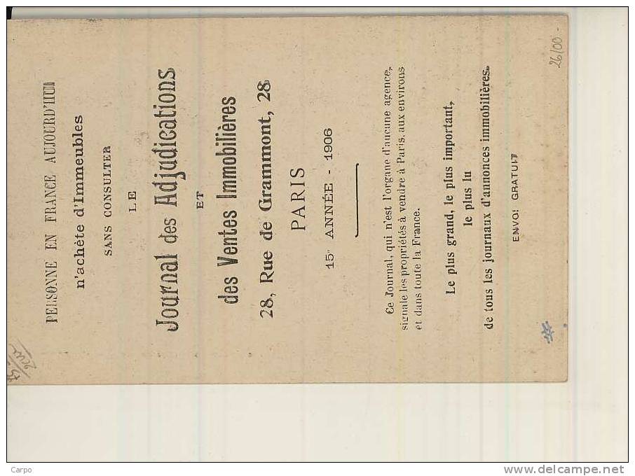 Publicité Au Dos De La Carte - Journal Des Adjudications Et Ventes Immobilières Rue Grammont PARIS.(Chenonceaux) - Paris (02)