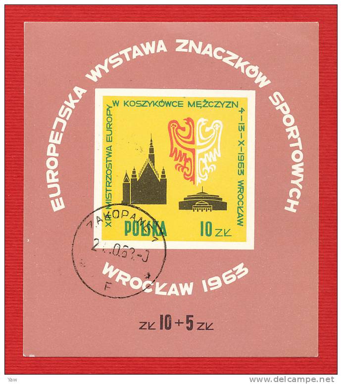 POLONIA  1963  13° CAMPIONATO EUROPEO MASCHILE DI PALLACANESTRO A WROCLAW. BF  YT 37  CON ANNULLO. - Basket-ball