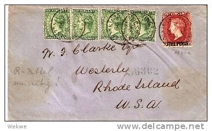 STV008  ST: VINCENT Brief, Victoria Half Penny + 5 Auf 6 Pence 1899 , R-Zettel Rückseitig(Brief, Cover, Letter, Lettre) - St.Vincent (...-1979)