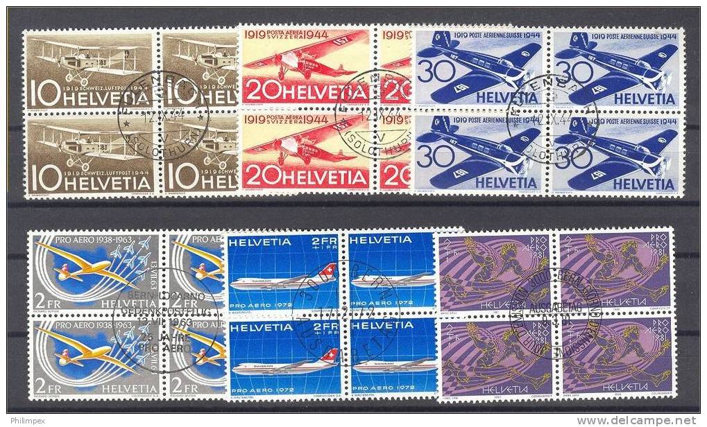 SWITZERLAND,  AIRPOST 1944-1981, SIX BLOCKS OF 4 USED - Gebraucht