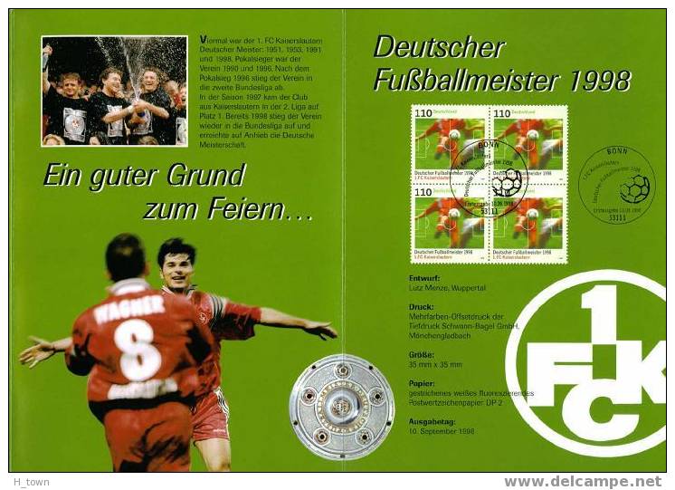 Football: Document Illustrée 1er Jour Champion Bundesliga 1998:  1. FC Kaiserslautern First Day Sheet From Germany - Berühmte Teams