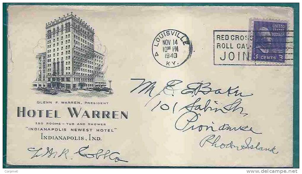 HOTEL ADVERTISEMENT - 1940 COVER - HOTEL WARREN, INDIANAPOLIS From LOUISVILLE To RHODE ISLAND - Hôtellerie - Horeca