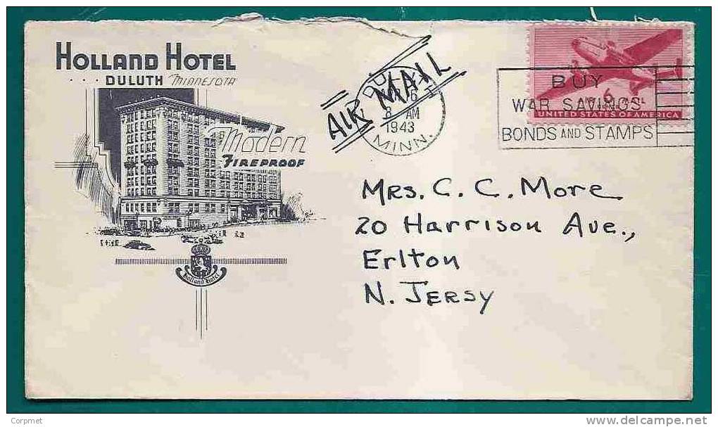 HOTEL ADVERTISEMENT - 1943 AIR MAIL COVER - HOTEL HOLLAND - DULUTH Minnesota Sent To New Jersey - Hôtellerie - Horeca