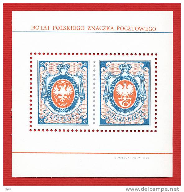 POLONIA  1990  130° ANNIVERSARIO DEL PRIMO FRANCOBOLLO POLACCO. BF YT 120 MNH** - Blocs & Hojas