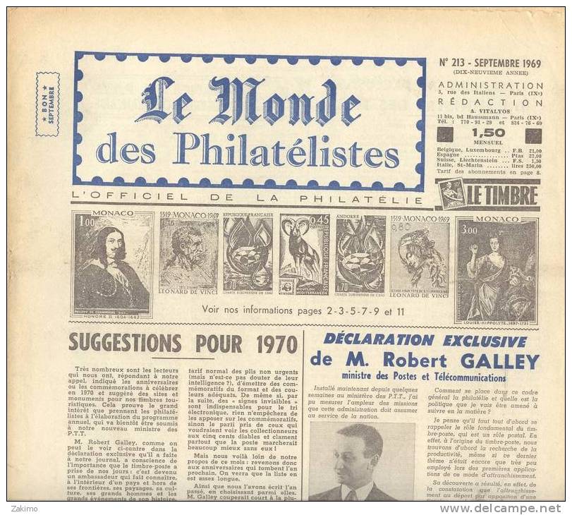 LE MONDE PHILATELIQUE N°213  SEPTEMBRE  1969 - Französisch (ab 1941)