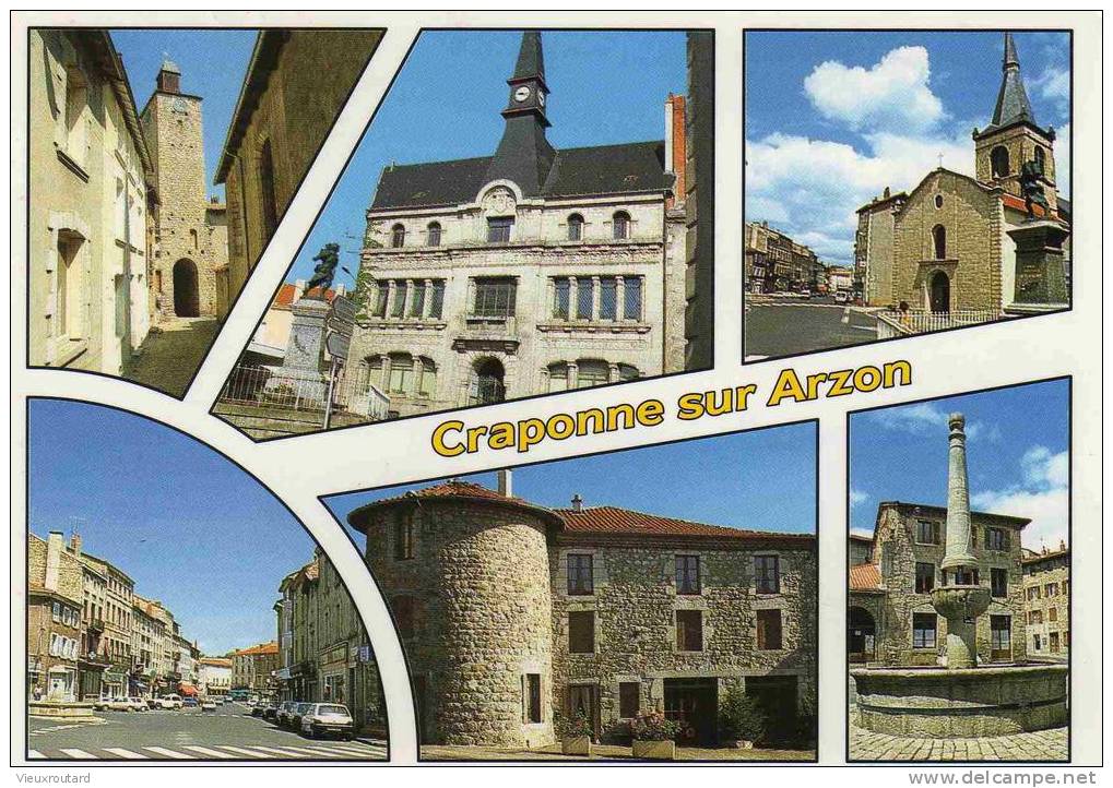 CPSM. CRAPONNE. TOUR. MAIRIE. EGLISE. FONTAINE. TOUR PASTOUREL. RUE PRINCIPALE. - Craponne Sur Arzon