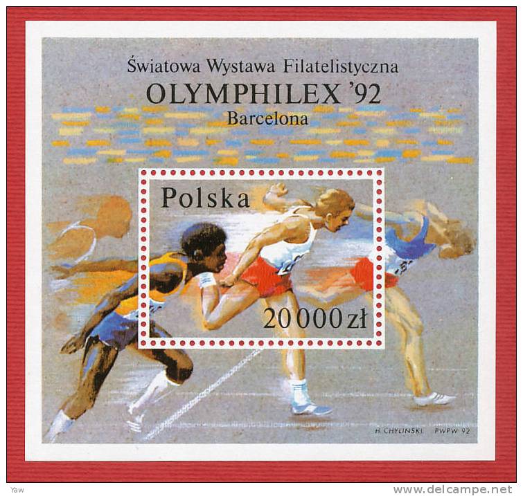 POLONIA  1992  "OLYMPHILEX ´92" ESPOSIZIONE FILATELICA INTERNAZIONALE DI TEMATICA SPORTIVA, A BAECELONA. BF YT 128 MNH** - Blocks & Sheetlets & Panes