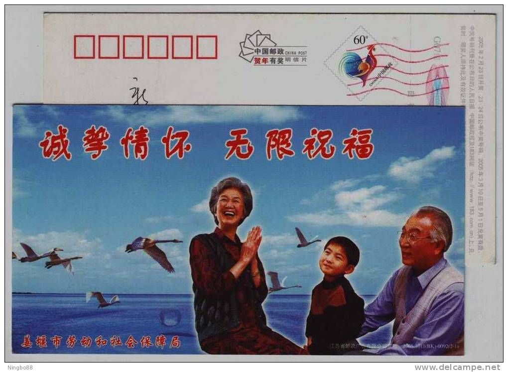 Swan Goose Bird,elderly Person,China 2005 Jiangyan Bureau Of Labour & Social Security Advertising Pre-stamped Card - Gänsevögel