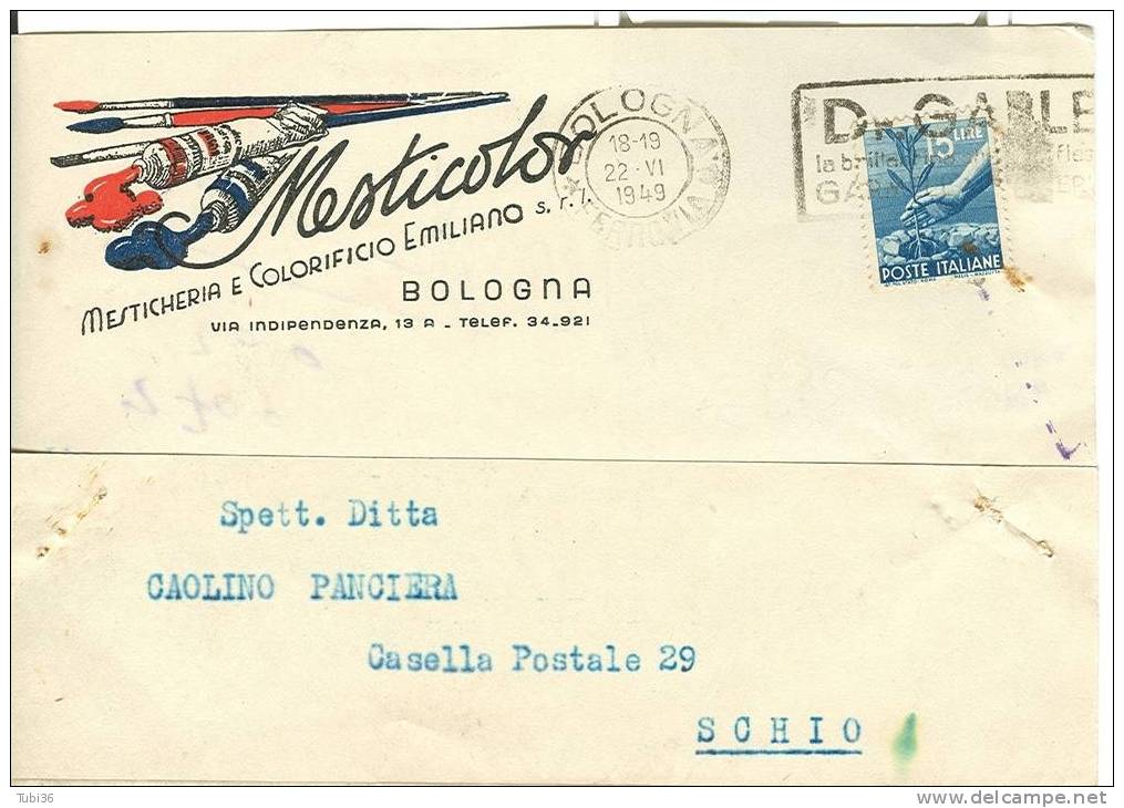 "MESTICOLOR" - MESTICHERIA  E COLORIFICIO EMILIANO - BOLOGNA - VIAGGIATA 1949 - - Magasins