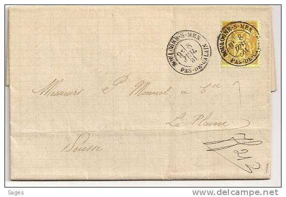 Lettre SAGE N° 92 Boulogne-S-Mer, Pas De Calais Pour La Suisse ! - 1877-1920: Periodo Semi Moderno