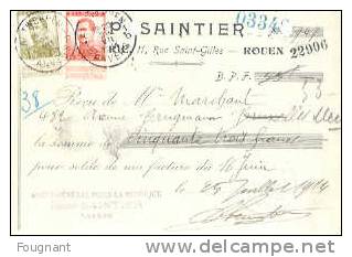 Belgique:1914:Reçu Avec Timbres N°112 & 123 De Mr Marchant,UCCLE. Pour P.Saintier,ROUEN.53 Francs. - 1912 Pellens