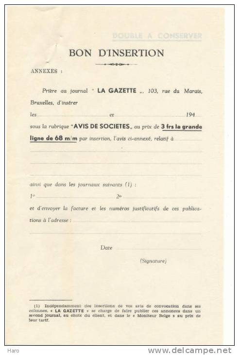 Lettre à Entête - BRUXELLES- Journal  "La Gazette" + Bon D´insertion - Imprimerie - Elektrizität & Gas
