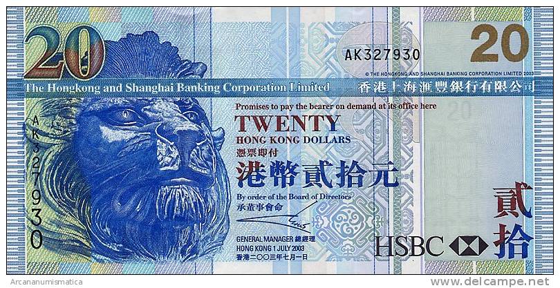 HONG  KONG    20  DOLARES  1-7-2003  SC/UNC/PLANCHA     DL-6058 - Hong Kong