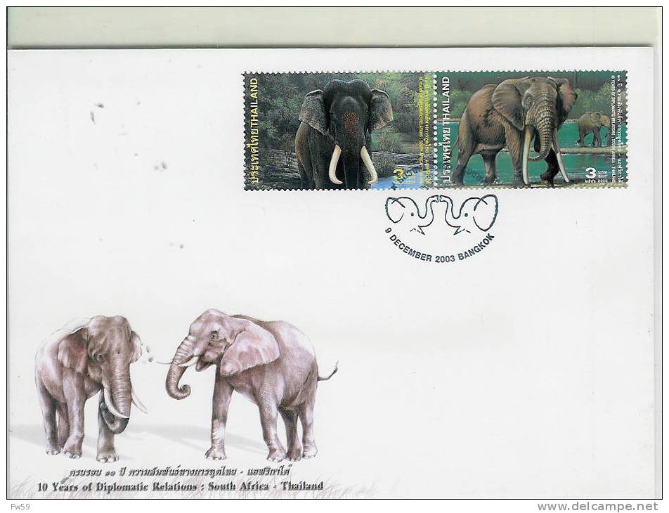 ELEPHANT SUPERBE FDC THALANDE 2 VALEURS 2003 POUR LES 10 NAS DES RELATIONS DIPLOMATIQUES THAILANDE AFRIQUE DU SUD - Elefanten