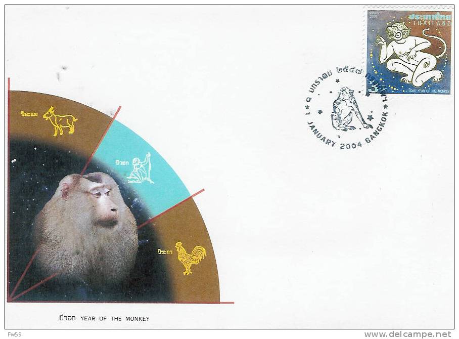 ASTROLOGIE  FDC THAILANDE 2004 SONGKRAN DAY SIGNES ASTROLOGIQUES SINGE COQ CHEVRE - Apen